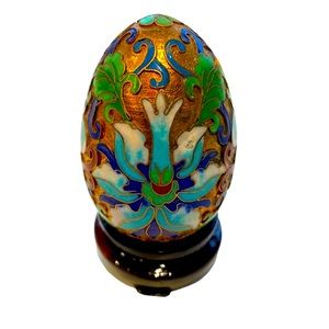 Lotus Flower Rainbow Cloisonné Enamel Egg/Vintage 1980s Gold w/ Wood Stand. EUC